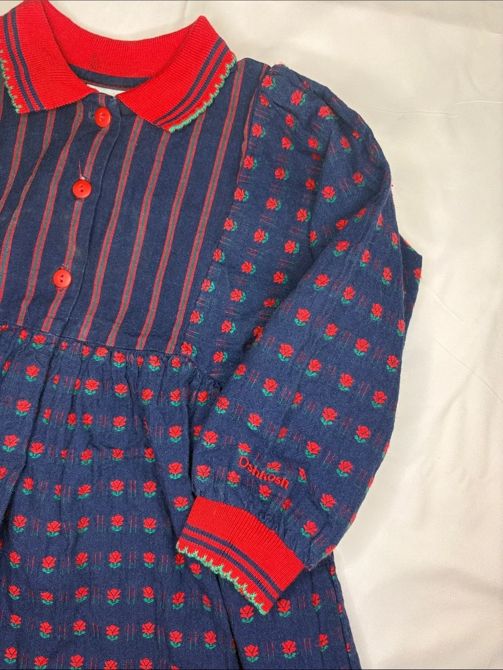 Vintage 80s/90s Denim Red Rose Floral Long Sleeve Collared Osh Kosh Girl’s Dress